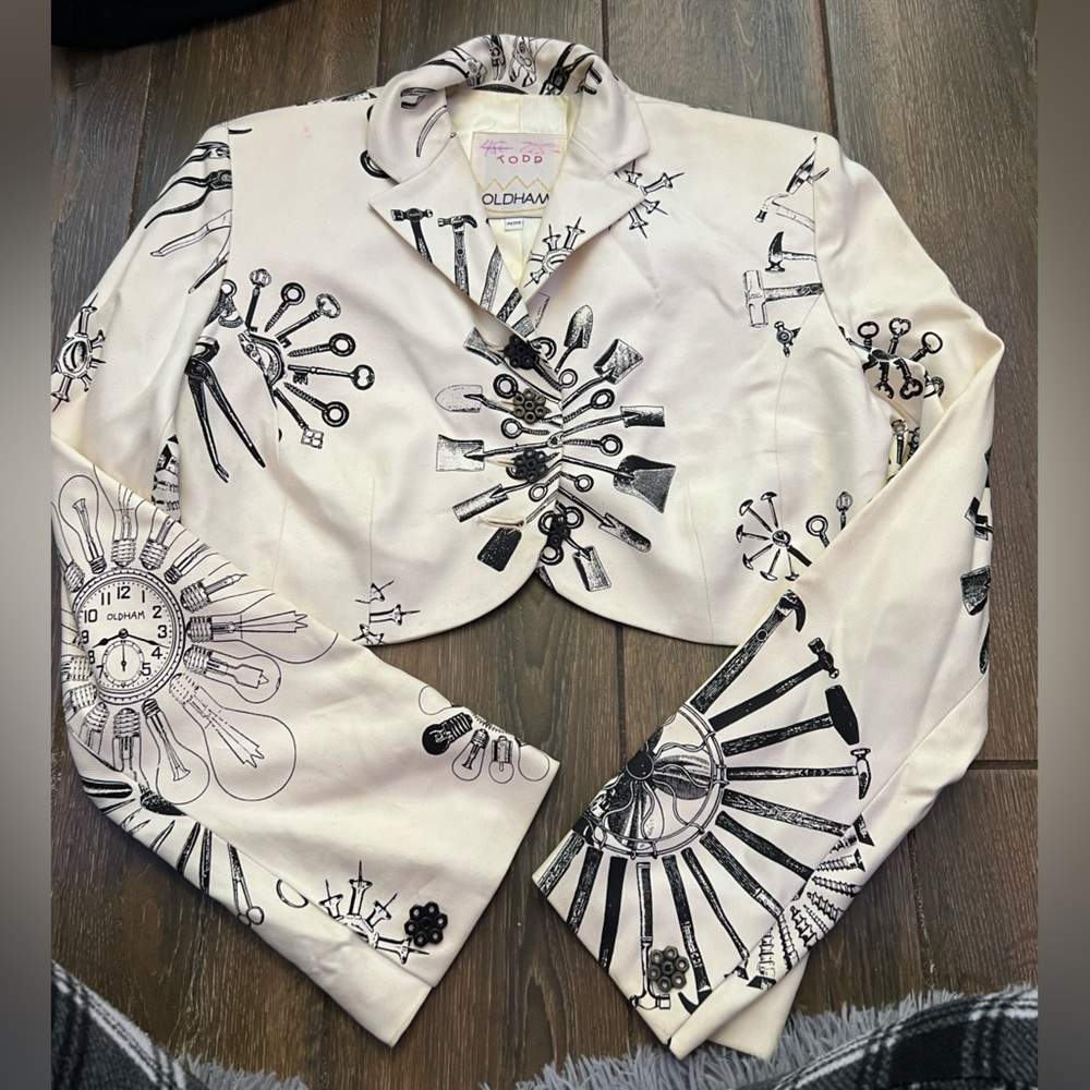Todd Oldham 1980s Cream and Black Silk Tool Print Crop Jacket petite